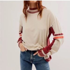 NWOT We The Free 
Oatmeal and maroon Long Sleeve Top